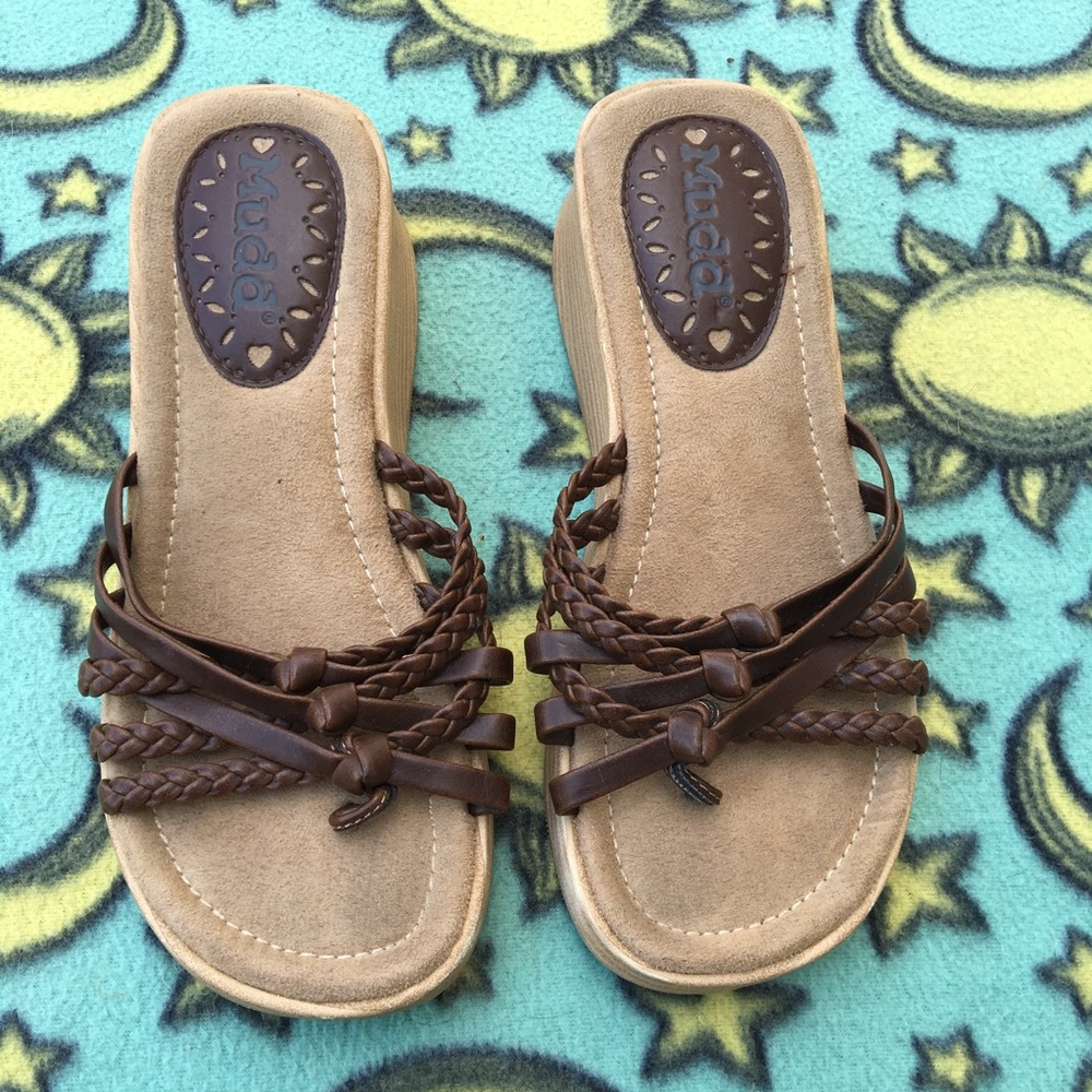 Brown wedge flip flop sandals, Mudd, size 6